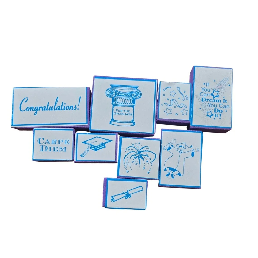 Graduation Rubber Stamp Set of 9 Graduate Cap Diploma Congratulations Crafts